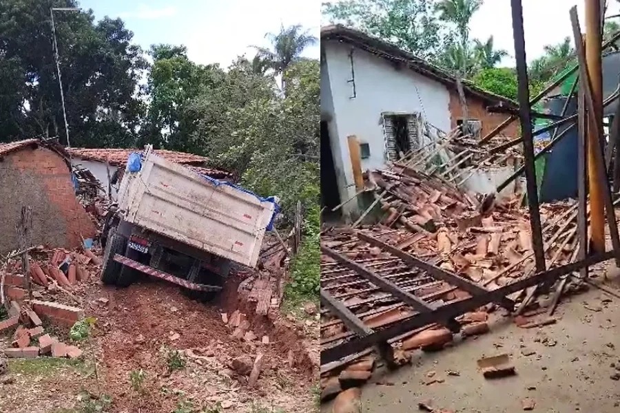 O caminhão destruiu a frente da casa