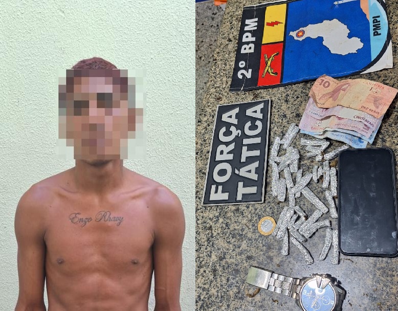 Policiais apreenderam 3 porções de maconha e cerca de R$ 29 em dinheiro, além de um relógio e um celular