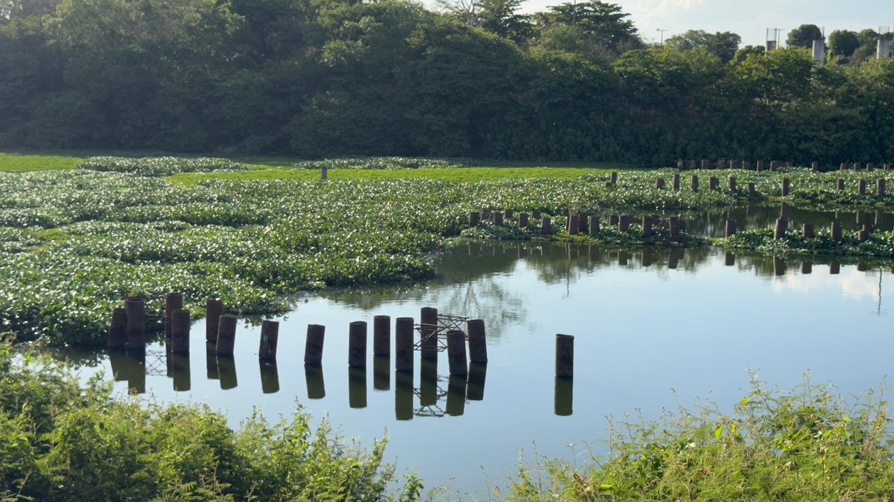 A estrutura metálica das marquises, exposta ao ar e à variação climática sem a proteção final, está vulnerável